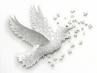 Wall Mural - Flat White Dove Puzzle Illustration Symbolizing Mental Health - Ongoing Process of Peace with Missing Pieces on Isolated White Background