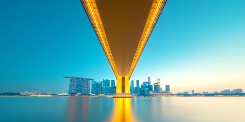 Illuminated Bridge and Modern Skyline Nighttime Urban Reflection