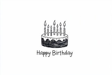 Wall Mural - Minimalist Black and White Happy Birthday Card with Cake and Candles Illustration