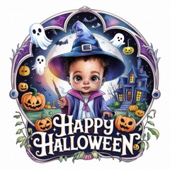 Canvas Print - Cute Baby in Witch Costume with Halloween Elements