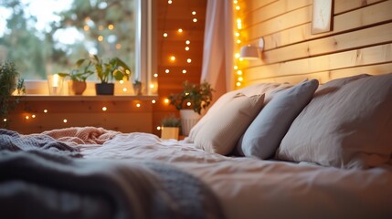 Canvas Print - Cozy bedroom with soft lighting and plants, creating a tranquil atmosphere in a rustic wooden setting during the evening