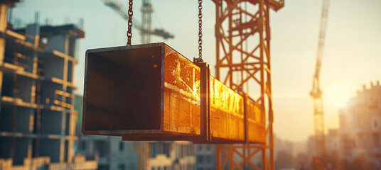 Poster - A crane lifting a very heavy steel beam at a construction site.