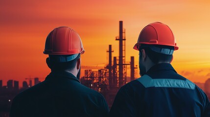 Silhouetted engineers wearing hard hats inspect a refinery at sunset, symbolizing industrial progress and teamwork in an oil and gas setting.