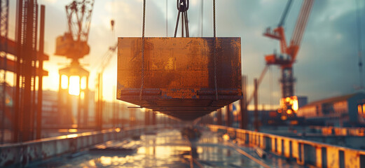 Poster - A crane lifting a very heavy steel beam at a construction site.