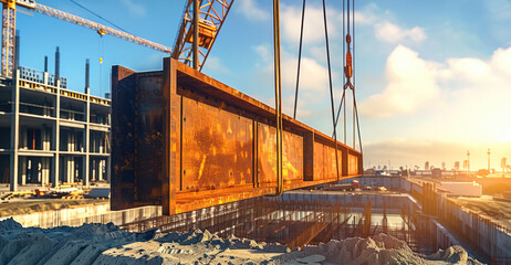 Poster - A crane lifting a very heavy steel beam at a construction site.