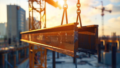Poster - A crane lifting a very heavy steel beam at a construction site.