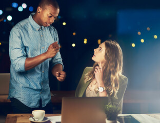 Poster - Employees, laptop and discussion at night in office, journalism mentor and helping with article. Business people, talking and online for column research on news, reporters and support with overtime