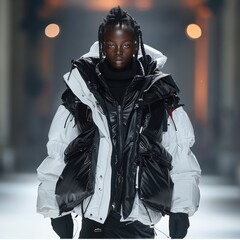 Canvas Print - Beautiful black model walks the runway in an innovative down jacket.