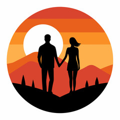 Couple holding hands in the sunset silhouette vector illustration