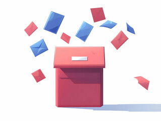 Poster - Flat Vector Illustration of Anti-Gravity Ballot Box Soaring with Votes Defying Gravity - Wide Shot of Votes Flowing from All Directions into the Box on White Background