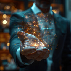 Poster - Hand of a man in a suit, in the palm of his hand is a hologram of an office, high technology.