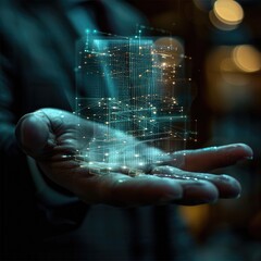Poster - Hand of a man in a suit, in the palm of his hand is a hologram of an office, high technology.