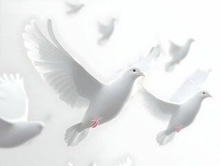 Canvas Print - Flat Blurred White Doves in Flight - Symbolizing Freedom from Mental Burdens for Janeiro Branco in Soft Sky | Simple Vector Illustration for Business Use