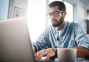 Aufkleber - Home, typing and man with laptop, glasses and planning for remote work, online and thinking in living room. Digital, ideas and person with eyewear, entrepreneur and research for project and house