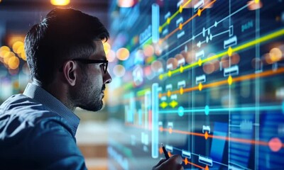 A man in a blue shirt stares intently at a large screen showing a complex flowchart, looking pensive as he analyzes data.