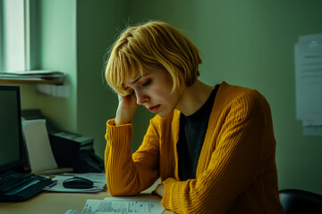 An adult woman sitting at her desk, head in hands and looking distressed, likely due to job loss.