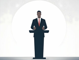 Sticker - Flat Plain Backdrop with Holographic Politician Concept - Wide Shot of Shimmering Figure Giving Speech, Ideal for Future-Focused Political Messaging, Large Copy Space in Simple Flat Vector Illustratio