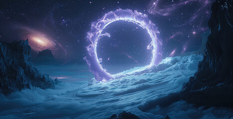 Leinwandbilder - A futuristic galaxy with swirling digital atoms glowing in neon blue. A distant water based planet in the background with a digital portal opening, leading to a new realm.