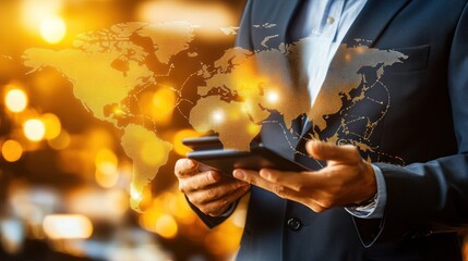 Fototapete - Businessman with Tablet and World Map Hologram