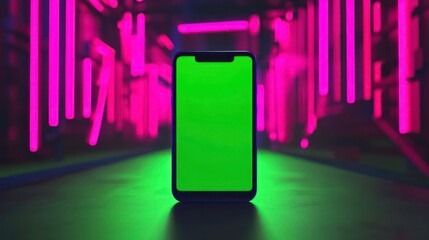 Wall Mural - a modern smartphone with a green screen display standing in front of a neon-lit background.