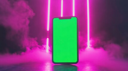 Wall Mural - smartphone with green screen in front of a pink neon light and smoke background.