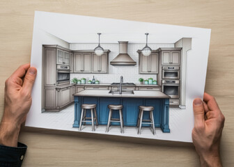 Hands Framing Gradated Custom Kitchen Design Drawing and Photo Combination. Construction drawings, interior design ideas, sketches.