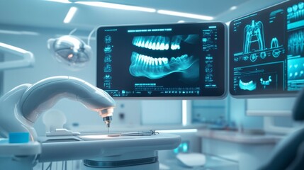 Fototapete - A state-of-the-art dental clinic features high-tech equipment as a dentist prepares for a procedure, using advanced X-ray images displayed on monitors to guide the process and ensure accuracy.