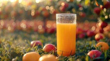 Wall Mural - A glass of orange juice on the grass In the background, an orchard of red and yellow apples.