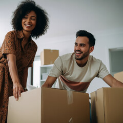 Happy young couple in new home unpacking boxes. Moving house, apartment concept, real estate ownership, happy family.