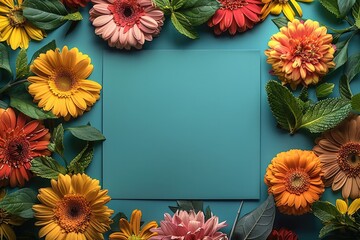 Poster - Top view of a beautiful vivid flowers and blank green card, empty in the middle.