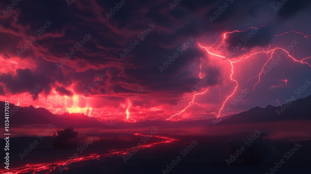 A dramatic red sky with lightning strikes over a dark mountain range ...