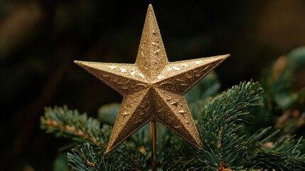 A gold star sits atop a evergreen tree, symbolizing the magic of the holiday season.