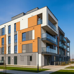 Modern residential apartment building exterior. New luxury house and home complex. City Real estate property and condo architecture.