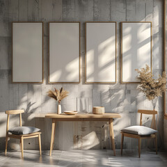 A mockup of Three blank white poster A3 frames on a wall of modern kitchen. Natural soft light comes from the window.