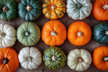 Sticker - A vibrant assortment of pumpkins in different colors and patterns is displayed on a textured burlap background, showcasing seasonal beauty