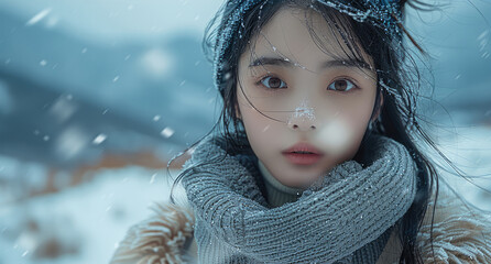 Wall Mural - A Chinese girl, wearing a thick gray white ancient cotton coat, stands in the snow capped mountains, under the gloomy sky.