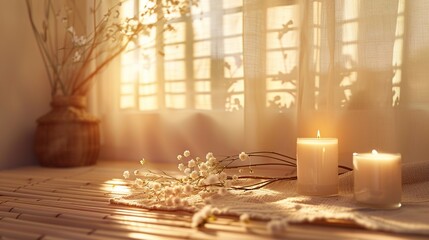 Two white candles burning in a sunlit room with flowers and a white cloth.