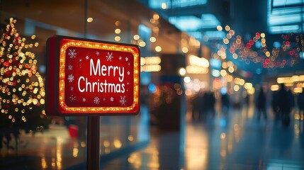 Poster - A vibrant Merry Christmas sign illuminated in a shopping mall, surrounded by holiday decorations and excited shoppers enjoying the festive atmosphere