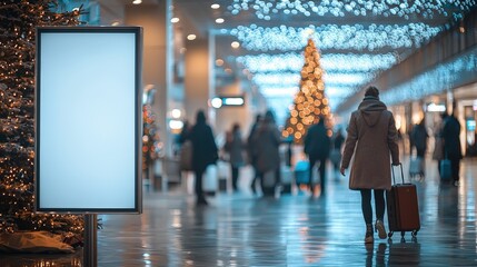 Mock up with vertical blank digital display and Travelers at airport terminal decorated with Christmas lights