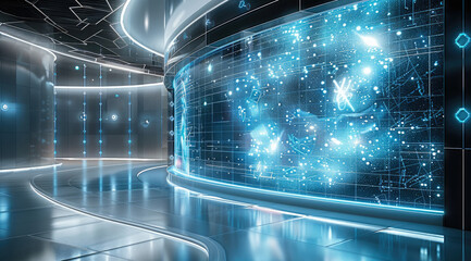 Leinwandbilder - A futuristic convention stage centered on artificial intelligence, a large curved LED screen displaying dynamic AI visuals, a glossy floor with intelligent lighting that changes based on the topic.
