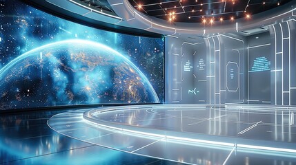 Leinwandbilder - A futuristic convention stage centered on artificial intelligence, a large curved LED screen displaying dynamic AI visuals, a glossy floor with intelligent lighting that changes based on the topic.