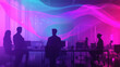 © Elena - Vibrant Gradient Mesh Illustration of Workplace Collaboration: Flowing Purple to Teal Shapes, Abstract Office Setting, and Well-Lit Composition for Commercial Use.