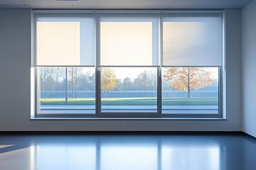 Wall Mural - Bright morning light streams through large windows showcasing vibrant autumn trees outside an empty room