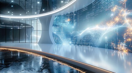 Aufkleber - A futuristic convention stage centered on artificial intelligence, a large curved LED screen displaying dynamic AI visuals, a glossy floor with intelligent lighting that changes based on the topic.