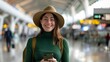 © Radomir Jovanovic - A happy traveler at the airport checks her phone with excitement before embarking on a new adventure