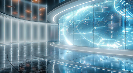 Leinwandbilder - A futuristic convention stage centered on artificial intelligence, a large curved LED screen displaying dynamic AI visuals, a glossy floor with intelligent lighting that changes based on the topic.