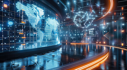 Leinwandbilder - A futuristic convention stage centered on artificial intelligence, a large curved LED screen displaying dynamic AI visuals, a glossy floor with intelligent lighting that changes based on the topic.
