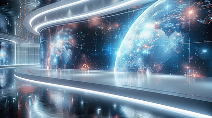 Fototapete - A futuristic convention stage centered on artificial intelligence, a large curved LED screen displaying dynamic AI visuals, a glossy floor with intelligent lighting that changes based on the topic.