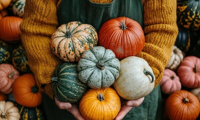 Sticker - Colorful pumpkins in various shapes and sizes are held by someone wearing a warm sweater at a bustling fall market