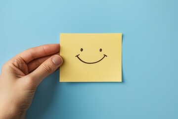 A hand presents a cheerful yellow sticky note adorned with a smiling face, set against a vibrant blue backdrop